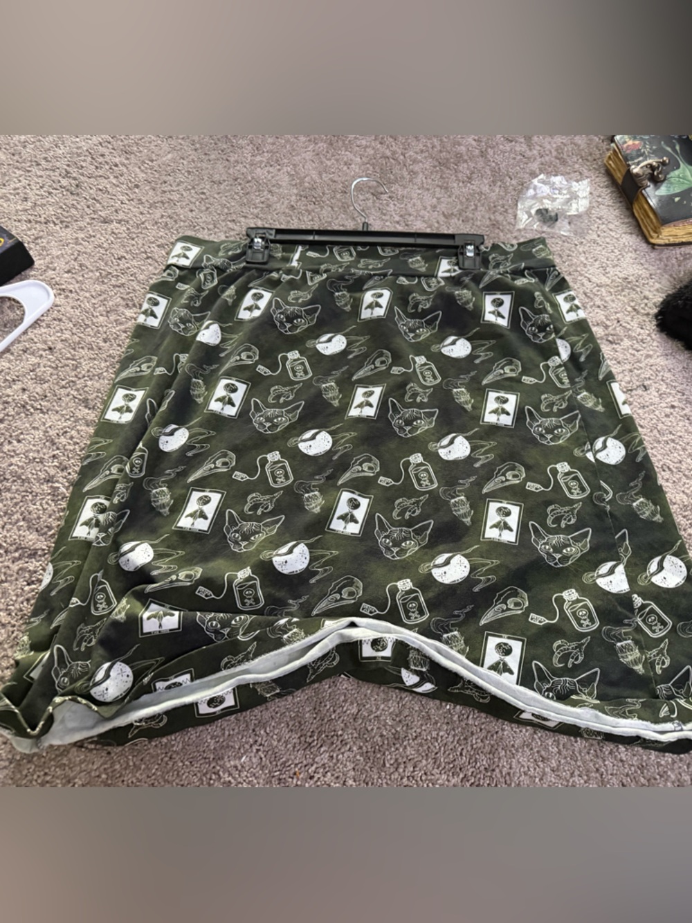 Olive Green Mini Skirt with White Tarot & Cat Motif